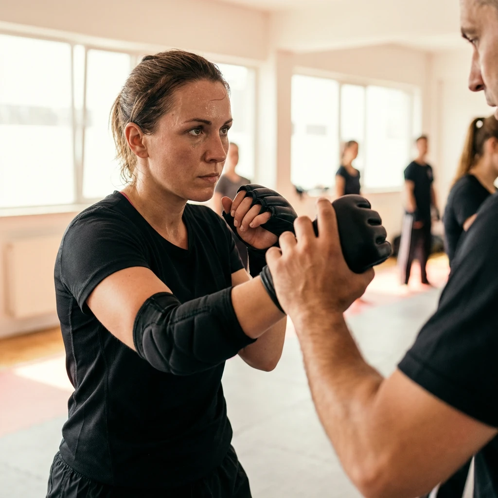 Eine Frau bekommt eine Schlagtechnik beim Fitness Kickboxen beigebracht