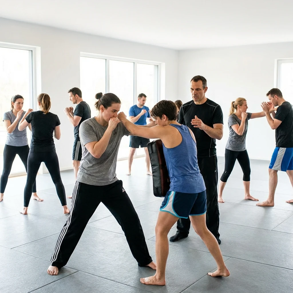 Eine Gruppe erwachsener Frauen und Männer, die Krav Maga praktizieren.