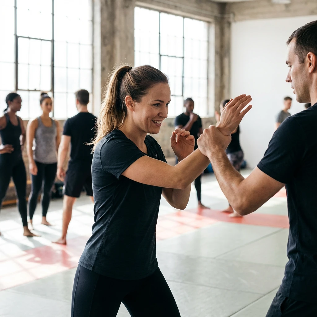 Eine Gruppe aus Frauen und Männern, die verschiedene Übungen im Krav Maga üben.